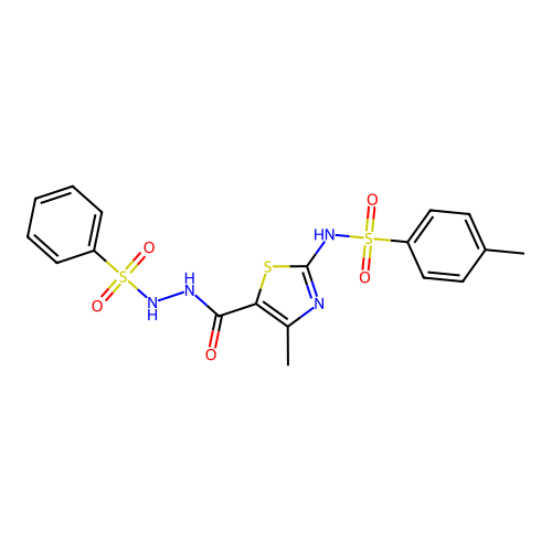 4-methyl-N-(4-methyl-5-(2-(phenylsulfonyl)hydrazinecarbonyl)thiazol-2-yl)benzenesulfonamide structure