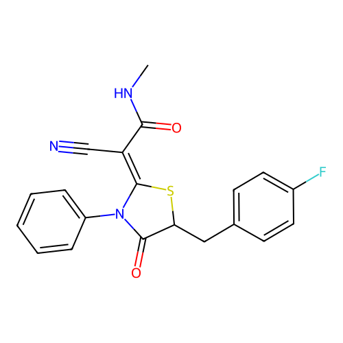 2-Cyano-2-(5-(4-fluorobenzyl)-4-oxo-3-phenylthiazolidin-2-ylidene)-N-methylacetamide structure