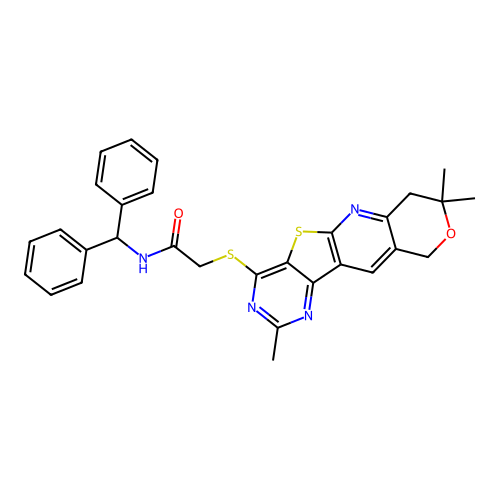 N-(diphenylmethyl)-2-[(2,8,8-trimethyl-7,10-dihydro-8H-pyrano[3'',4'':5',6']pyrido[3',2':4,5]thieno[3,2-d]pyrimidin-4-yl)sulfanyl]acetamide structure
