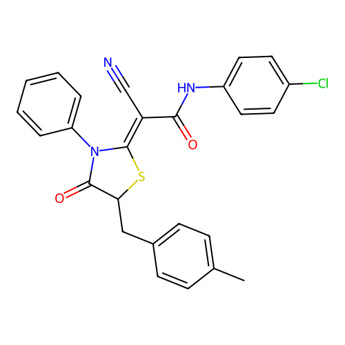 (2Z)-N-(4-chlorophenyl)-2-cyano-2-[5-(4-methylbenzyl)-4-oxo-3-phenyl-1,3-thiazolidin-2-ylidene]ethanamide structure