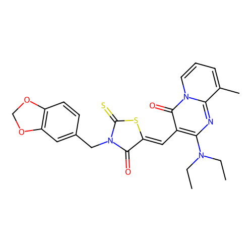 3-{(Z)-[3-(1,3-benzodioxol-5-ylmethyl)-4-oxo-2-thioxo-1,3-thiazolidin-5-ylidene]methyl}-2-(diethylamino)-9-methyl-4H-pyrido[1,2-a]pyrimidin-4-one structure