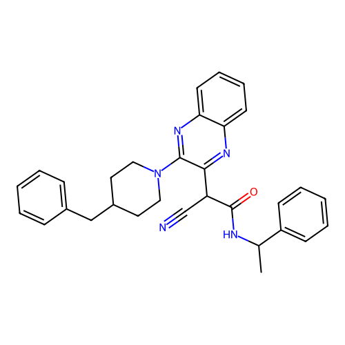 2-[3-(4-benzylpiperidin-1-yl)quinoxalin-2-yl]-2-cyano-N-(1-phenylethyl)acetamide structure