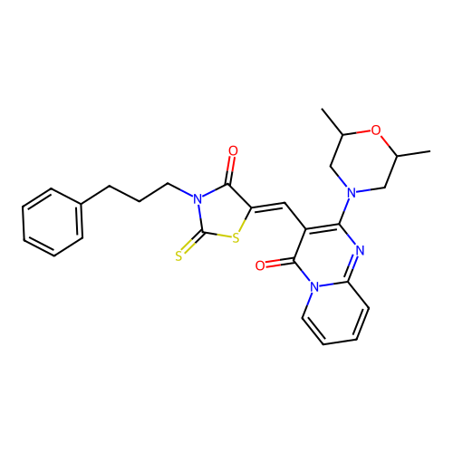 2-(2,6-dimethylmorpholin-4-yl)-3-{(Z)-[4-oxo-3-(3-phenylpropyl)-2-thioxo-1,3-thiazolidin-5-ylidene]methyl}-4H-pyrido[1,2-a]pyrimidin-4-one structure