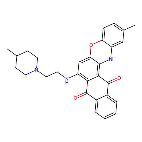 2-methyl-7-((2-(4-methylpiperidin-1-yl)ethyl)amino)-8H-naphtho[2,3-a]phenoxazine-8,13(14H)-dione structure