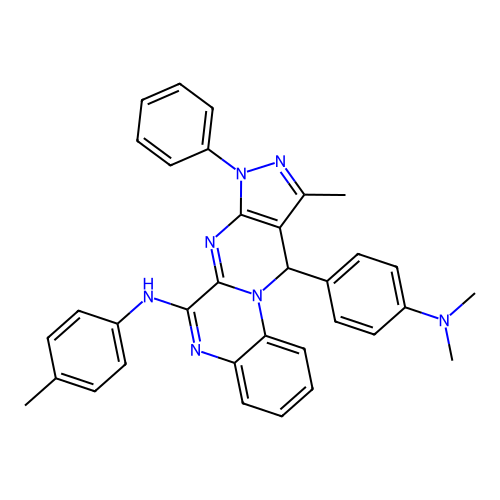 11-(4-(dimethylamino)phenyl)-10-methyl-8-phenyl-N-(p-tolyl)-8,11-dihydropyrazolo[3',4':4,5]pyrimido[1,2-a]quinoxalin-6-amine structure
