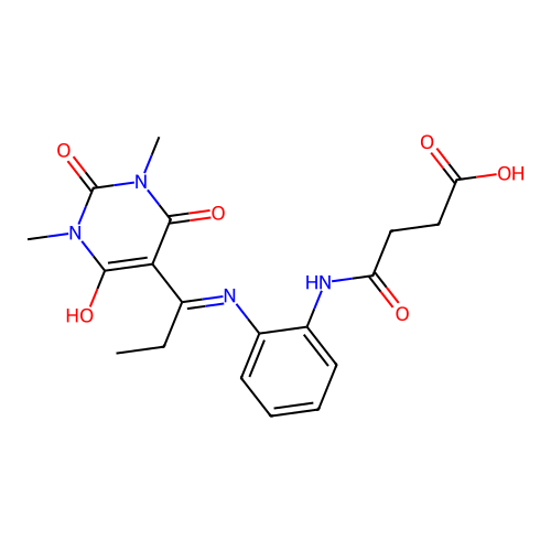 4-((2-((1-(1,3-dimethyl-2,4,6-trioxotetrahydropyrimidin-5(2H)-ylidene)propyl)amino)phenyl)amino)-4-oxobutanoic acid structure