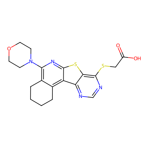 2-((5-morpholino-1,2,3,4-tetrahydropyrimido[4',5':4,5]thieno[2,3-c]isoquinolin-8-yl)thio)acetic acid structure