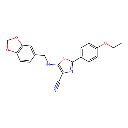 5-[(1,3-benzodioxol-5-ylmethyl)amino]-2-(4-ethoxyphenyl)-1,3-oxazole-4-carbonitrile structure