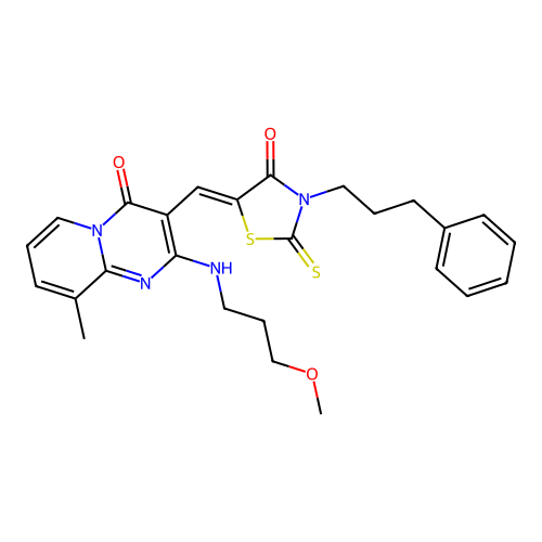 2-[(3-methoxypropyl)amino]-9-methyl-3-{(Z)-[4-oxo-3-(3-phenylpropyl)-2-thioxo-1,3-thiazolidin-5-ylidene]methyl}-4H-pyrido[1,2-a]pyrimidin-4-one structure