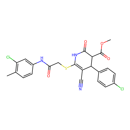 methyl 6-((2-((3-chloro-4-methylphenyl)amino)-2-oxoethyl)thio)-4-(4-chlorophenyl)-5-cyano-2-oxo-1,2,3,4-tetrahydropyridine-3-carboxylate structure