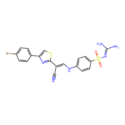 (E)-4-((2-(4-(4-bromophenyl)thiazol-2-yl)-2-cyanovinyl)amino)-N-carbamimidoylbenzenesulfonamide structure