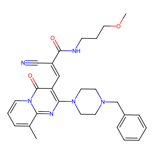 (2E)-3-[2-(4-benzylpiperazin-1-yl)-9-methyl-4-oxo-4H-pyrido[1,2-a]pyrimidin-3-yl]-2-cyano-N-(3-methoxypropyl)prop-2-enamide structure