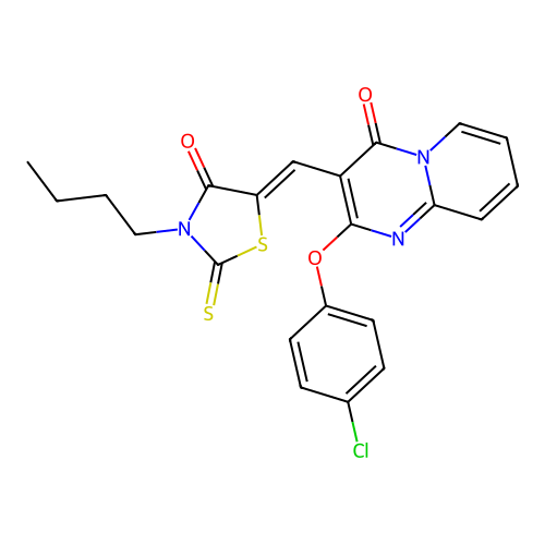 3-[(Z)-(3-butyl-4-oxo-2-thioxo-1,3-thiazolidin-5-ylidene)methyl]-2-(4-chlorophenoxy)-4H-pyrido[1,2-a]pyrimidin-4-one structure