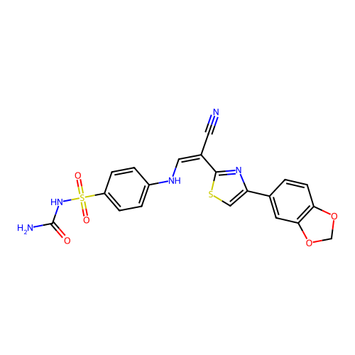 (Z)-4-((2-(4-(benzo[d][1,3]dioxol-5-yl)thiazol-2-yl)-2-cyanovinyl)amino)-N-carbamoylbenzenesulfonamide structure