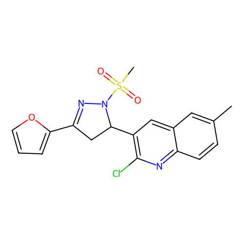 2-chloro-3-(3-(furan-2-yl)-1-(methylsulfonyl)-4,5-dihydro-1H-pyrazol-5-yl)-6-methylquinoline structure