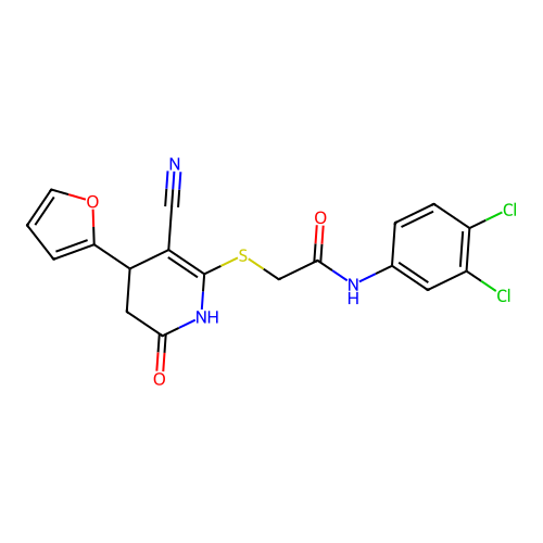 2-((3-cyano-4-(furan-2-yl)-6-oxo-1,4,5,6-tetrahydropyridin-2-yl)thio)-N-(3,4-dichlorophenyl)acetamide structure