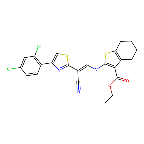 (E)-ethyl 2-((2-cyano-2-(4-(2,4-dichlorophenyl)thiazol-2-yl)vinyl)amino)-4,5,6,7-tetrahydrobenzo[b]thiophene-3-carboxylate structure