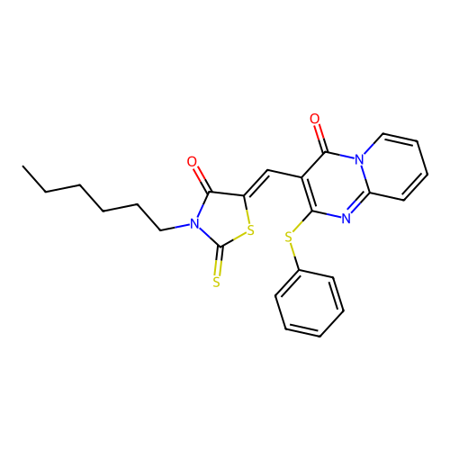 3-[(Z)-(3-hexyl-4-oxo-2-thioxo-1,3-thiazolidin-5-ylidene)methyl]-2-(phenylsulfanyl)-4H-pyrido[1,2-a]pyrimidin-4-one structure