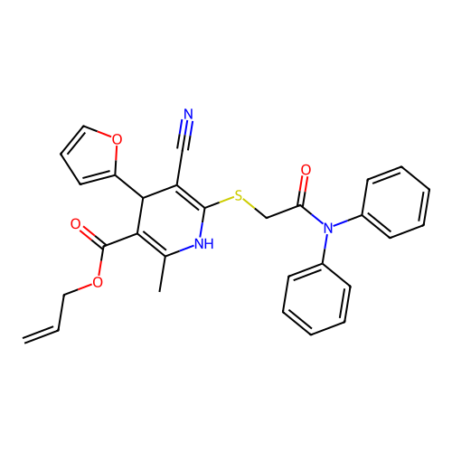 allyl 5-cyano-6-((2-(diphenylamino)-2-oxoethyl)thio)-4-(furan-2-yl)-2-methyl-1,4-dihydropyridine-3-carboxylate structure