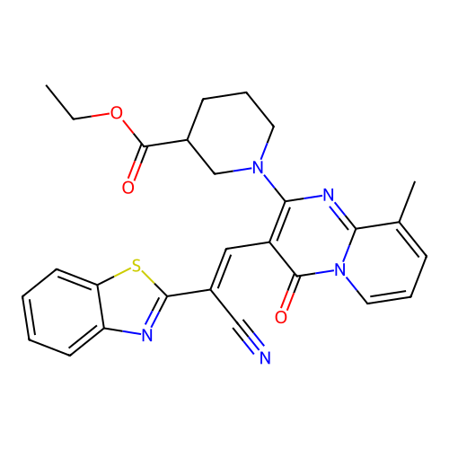 (E)-ethyl 1-(3-(2-(benzo[d]thiazol-2-yl)-2-cyanovinyl)-9-methyl-4-oxo-4H-pyrido[1,2-a]pyrimidin-2-yl)piperidine-3-carboxylate structure