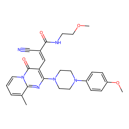 (E)-2-cyano-N-(2-methoxyethyl)-3-[2-[4-(4-methoxyphenyl)piperazin-1-yl]-9-methyl-4-oxopyrido[1,2-a]pyrimidin-3-yl]prop-2-enamide structure