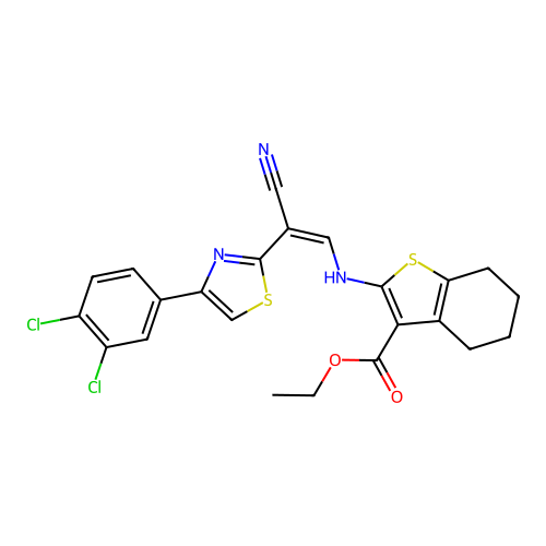 (Z)-ethyl 2-((2-cyano-2-(4-(3,4-dichlorophenyl)thiazol-2-yl)vinyl)amino)-4,5,6,7-tetrahydrobenzo[b]thiophene-3-carboxylate structure