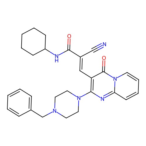 (2E)-3-[2-(4-benzylpiperazin-1-yl)-4-oxo-4H-pyrido[1,2-a]pyrimidin-3-yl]-2-cyano-N-cyclohexylprop-2-enamide structure