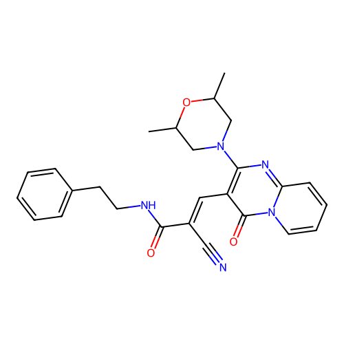 (2E)-2-cyano-3-[2-(2,6-dimethylmorpholin-4-yl)-4-oxo-4H-pyrido[1,2-a]pyrimidin-3-yl]-N-(2-phenylethyl)prop-2-enamide structure