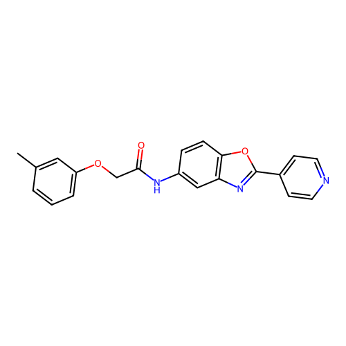 2-(3-methylphenoxy)-N-(2-pyridin-4-yl-1,3-benzoxazol-5-yl)acetamide structure