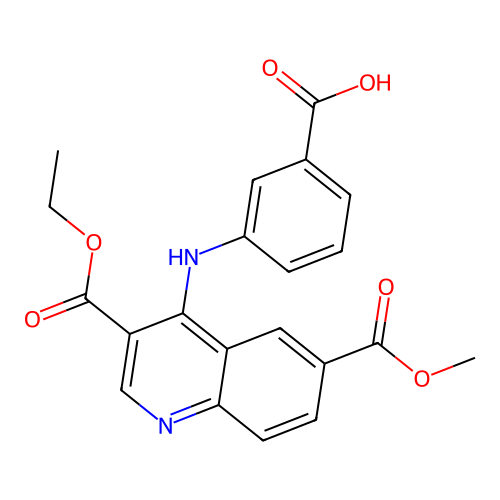 3-{[3-(Ethoxycarbonyl)-6-(methoxycarbonyl)-4-quinolyl]amino}benzoic acid structure