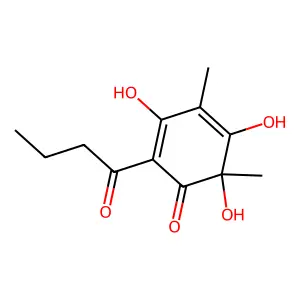 2,4-Cyclohexadien-1-one, 3,5,6-trihydroxy-4,6-dimethyl-2-(1-oxobutyl)- structure