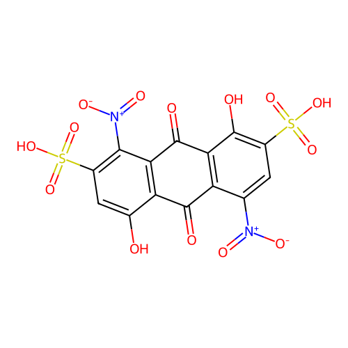 9,10-Dihydro-1,5-dihydroxy-4,8-dinitro-9,10-dioxoanthracene-2,7-disulphonic acid structure