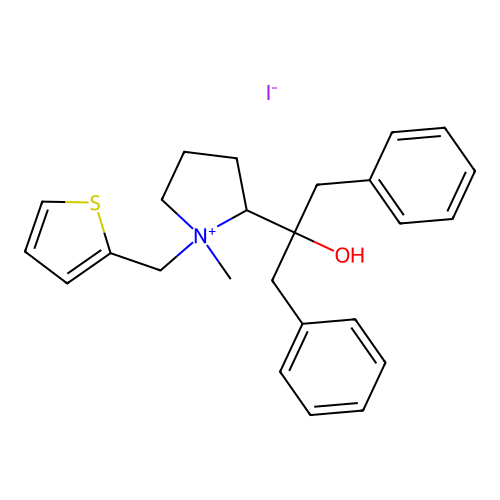 2-(1-Hydroxy-2-phenyl-1-benzylethyl)-1-methyl-1-(2-thienylmethyl)pyrrolidinium iodide structure