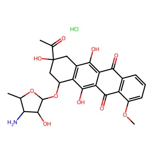 (8S-cis)-8-Acetyl-10-((3-amino-3,5-dideoxy-alpha-D-ribofuranosyl)oxy)-7,8,9,10-tetrahydro-6,8,11-trihydroxy-1-methoxy-5,12-naphthacenedione hydrochloride structure