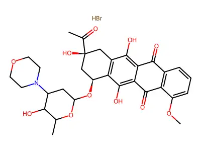 5,12-Naphthacenedione, 8-acetyl-7,8,9,10-tetrahydro-6,8,11-trihydroxy-1-methoxy-10-((2,3,6-trideoxy-3-(4-morpholinyl)-alpha-L-lyxo-hexopyranosyl)oxy)-, hydrobromide, (8S-cis)- structure