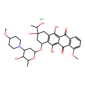 5,12-Naphthacenedione, 7,8,9,10-tetrahydro-6,8,11-trihydroxy-8-(1-hydroxyethyl)-1-methoxy-10-((2,3,6-trideoxy-3-(4-methoxy-1-piperidinyl)-alpha-L-lyxo-hexopyranosyl)oxy)-, hydrochloride structure