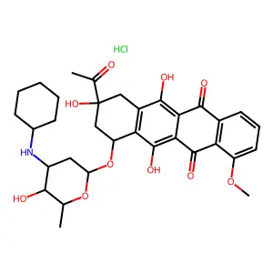 5,12-Naphthacenedione, 8-acetyl-10-((3-(cyclohexylamino)-2,3,6-trideoxy-alpha-L-lyxo-hexopyranosyl)oxy)-7,8,9,10-tetrahydro-6,8,11-trihydroxy-1-methoxy-, hydrochloride, (8S-cis)- structure