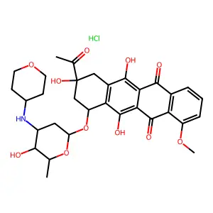 5,12-Naphthacenedione, 8-acetyl-7,8,9,10-tetrahydro-6,8,11-trihydroxy-1-methoxy-10-((2,3,6-trideoxy-3-((tetrahydro-2H-pyran-4-yl)amino)-alpha-L-lyxo-hexopyranosyl)oxy)-, hydrochloride, (8S-cis)- structure