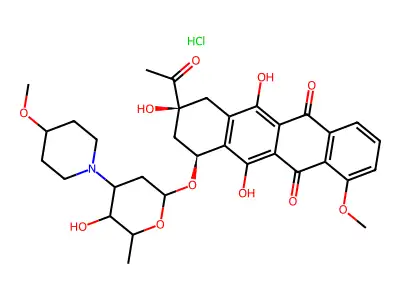 5,12-Naphthacenedione, 8-acetyl-7,8,9,10-tetrahydro-6,8,11-trihydroxy-1-methoxy-10-((2,3,6-trideoxy-3-(4-methoxy-1-piperidinyl)-alpha-L-lyxo-hexopyranosyl)oxy)-, hydrochloride, (8S-cis)- structure