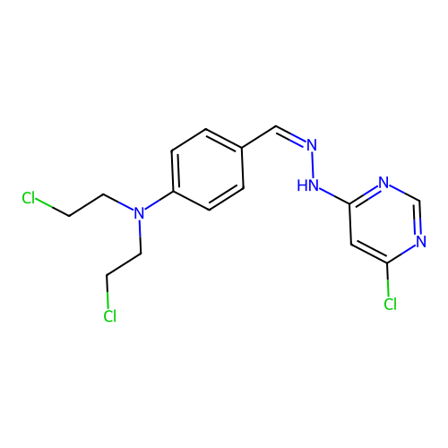 N-[(Z)-[4-[bis(2-chloroethyl)amino]phenyl]methylideneamino]-6-chloropyrimidin-4-amine structure