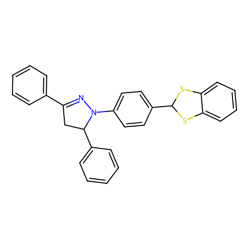 1-(4-(benzo[d][1,3]dithiol-2-yl)phenyl)-3,5-diphenyl-4,5-dihydro-1H-pyrazole structure