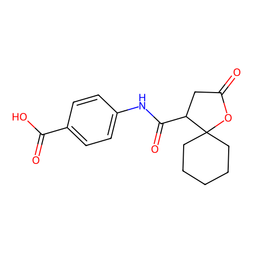 4-{[(2-Oxo-1-oxaspiro[4.5]dec-4-yl)carbonyl]amino}benzoic acid structure