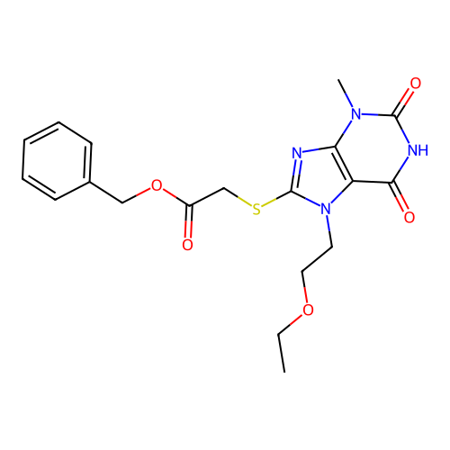 Benzyl 2-[7-(2-ethoxyethyl)-3-methyl-2,6-dioxopurin-8-yl]sulfanylacetate structure