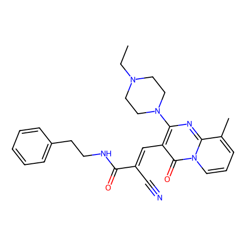 (2E)-2-cyano-3-[2-(4-ethylpiperazin-1-yl)-9-methyl-4-oxo-4H-pyrido[1,2-a]pyrimidin-3-yl]-N-(2-phenylethyl)prop-2-enamide structure
