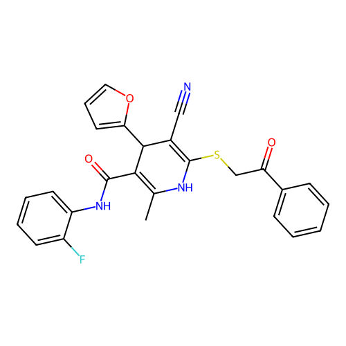 5-cyano-N-(2-fluorophenyl)-4-(furan-2-yl)-2-methyl-6-((2-oxo-2-phenylethyl)thio)-1,4-dihydropyridine-3-carboxamide structure