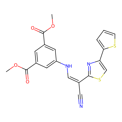 (Z)-dimethyl 5-((2-cyano-2-(4-(thiophen-2-yl)thiazol-2-yl)vinyl)amino)isophthalate structure