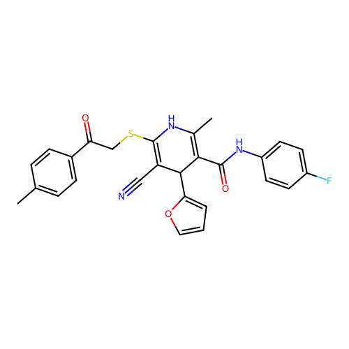 5-cyano-N-(4-fluorophenyl)-4-(furan-2-yl)-2-methyl-6-((2-oxo-2-(p-tolyl)ethyl)thio)-1,4-dihydropyridine-3-carboxamide structure