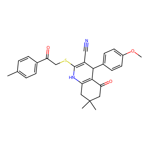 4-(4-methoxyphenyl)-7,7-dimethyl-2-{[2-(4-methylphenyl)-2-oxoethyl]sulfanyl}-5-oxo-1,4,5,6,7,8-hexahydroquinoline-3-carbonitrile structure