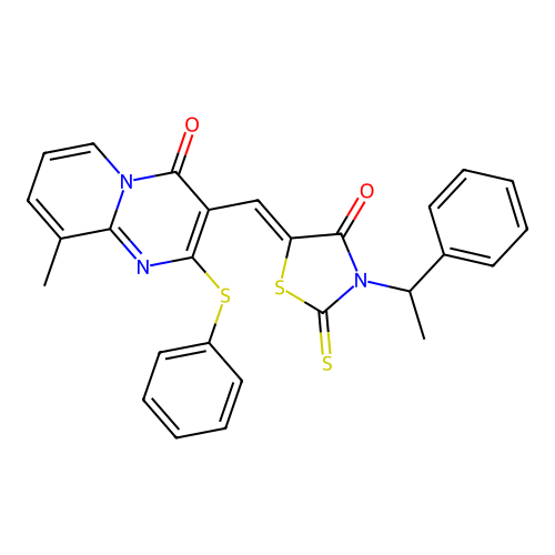 9-methyl-3-{(Z)-[4-oxo-3-(1-phenylethyl)-2-thioxo-1,3-thiazolidin-5-ylidene]methyl}-2-(phenylsulfanyl)-4H-pyrido[1,2-a]pyrimidin-4-one structure