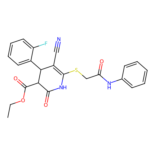 ethyl 5-cyano-4-(2-fluorophenyl)-2-oxo-6-{[(phenylcarbamoyl)methyl]sulfanyl}-1,2,3,4-tetrahydropyridine-3-carboxylate structure